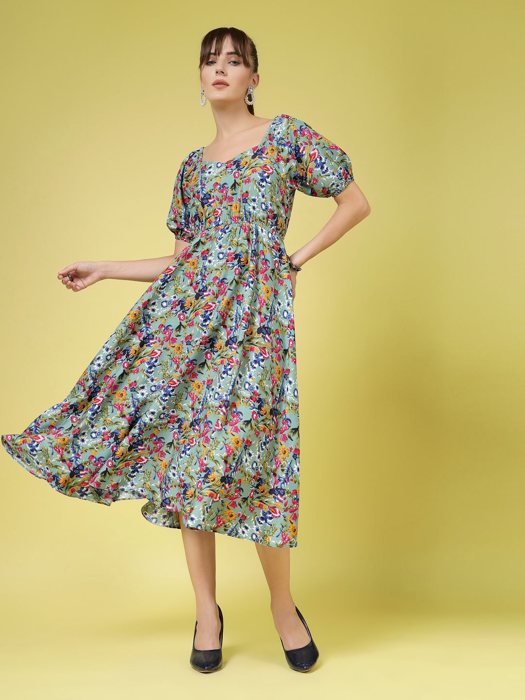 OOMPH! FACTOR Women Floral Printed Puff Sleeve Crepe Fit & Flare Midi Dress