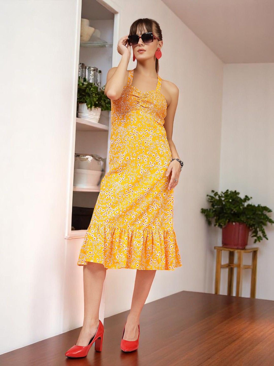 OOMPH! FACTOR  Women Floral Print Crepe A-Line Midi Dress