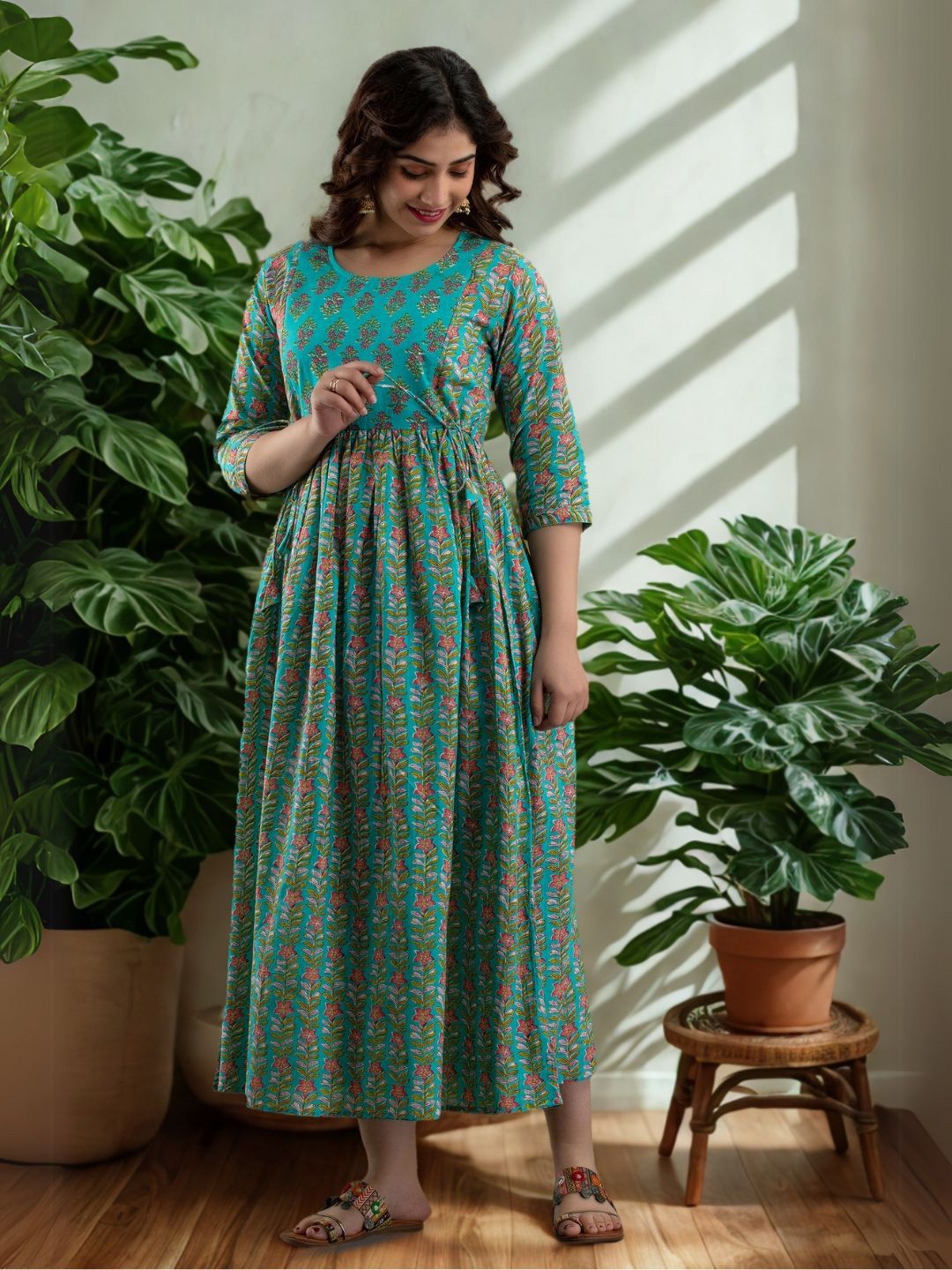 Vaidiki Women Maternity Plus Size Floral Printed Flared Cotton Ethnic Dress