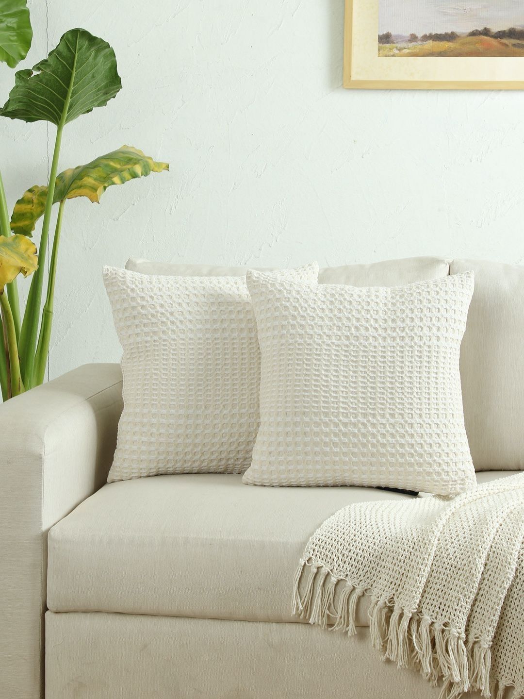 House This White & Off White 2 Pieces Checked Square Cushion Covers