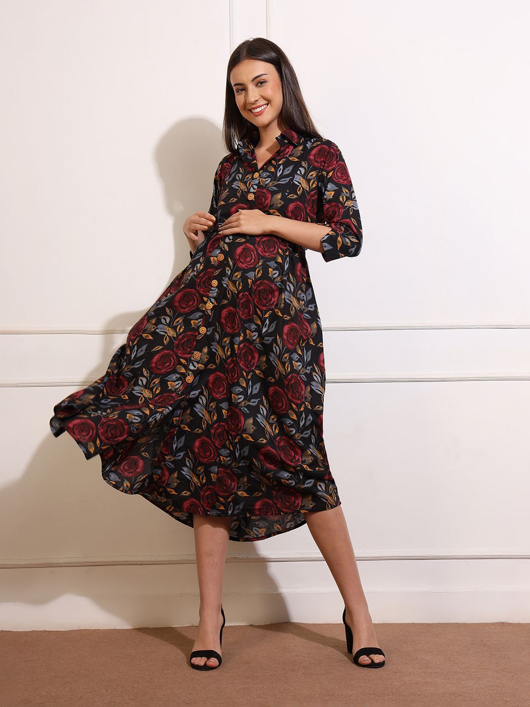 Aanyor Women Floral Print Maternity Shirt Maxi Dress