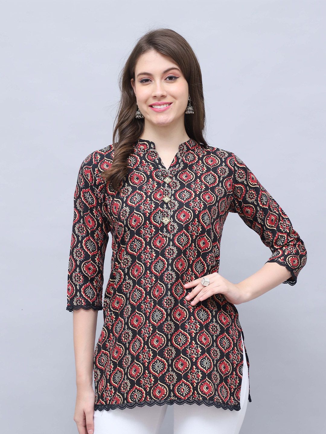 Rajnandini Ethnic Motifs Printed Mandarin Collar Cotton Silk Kurti