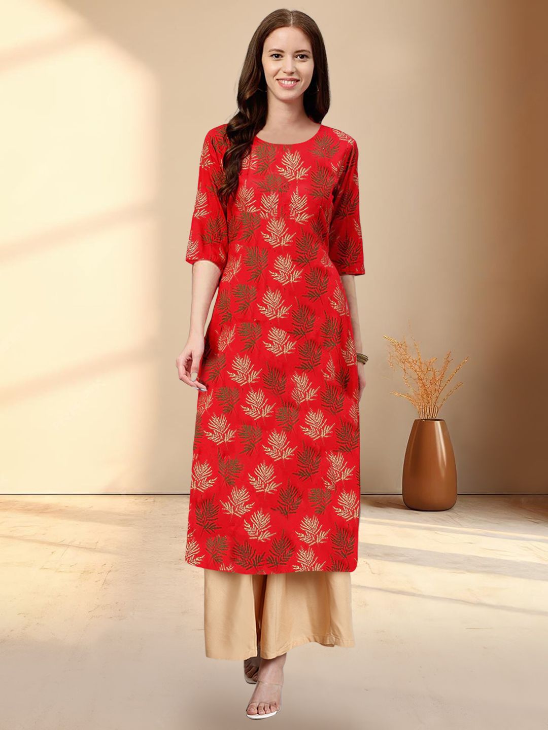 HERE&NOW Floral Printed Round Neck Straight Kurta