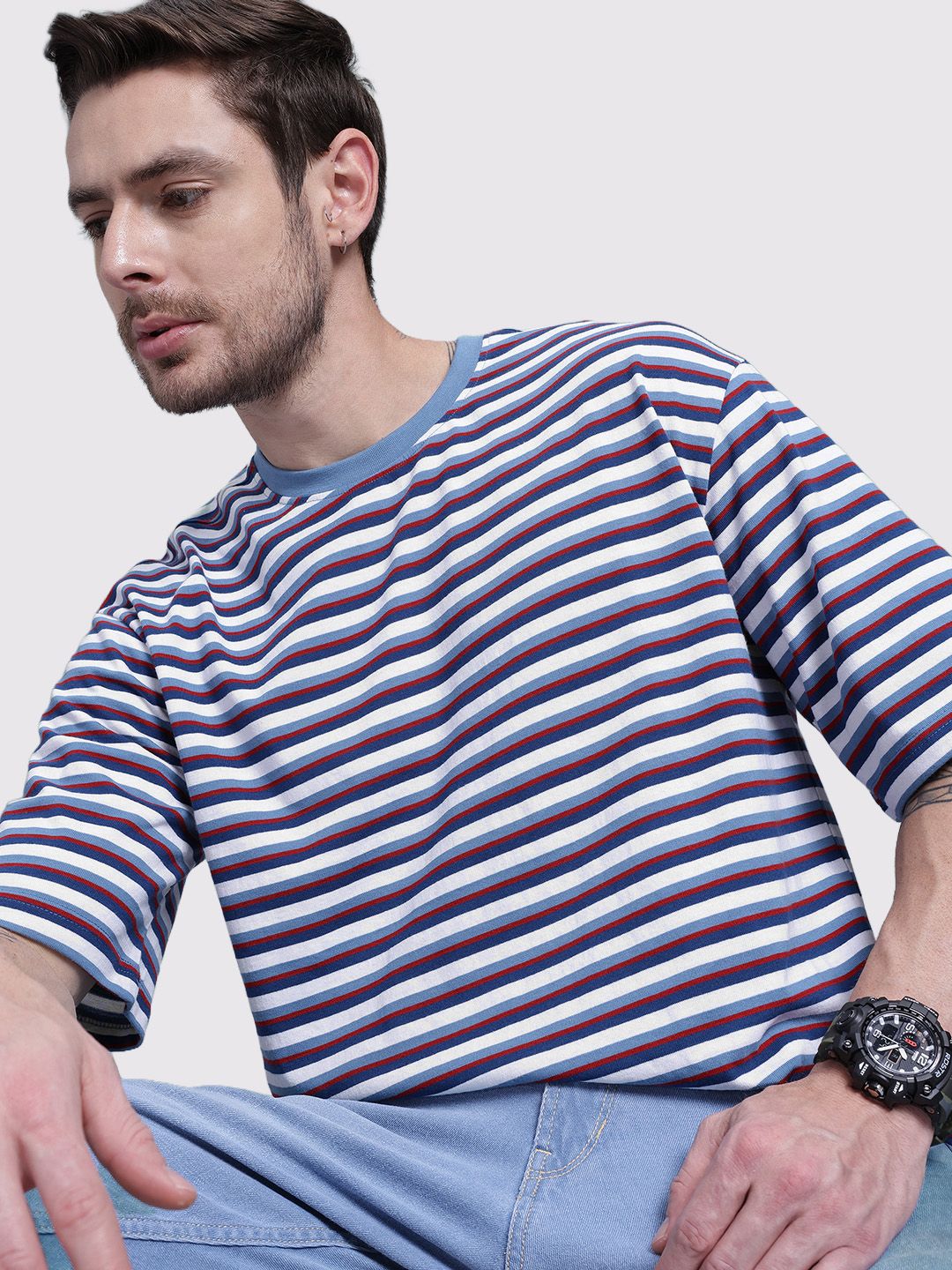 The Roadster Life Co. Horizontally Striped Drop-Shoulder Sleeves Relaxed Fit T-shirt