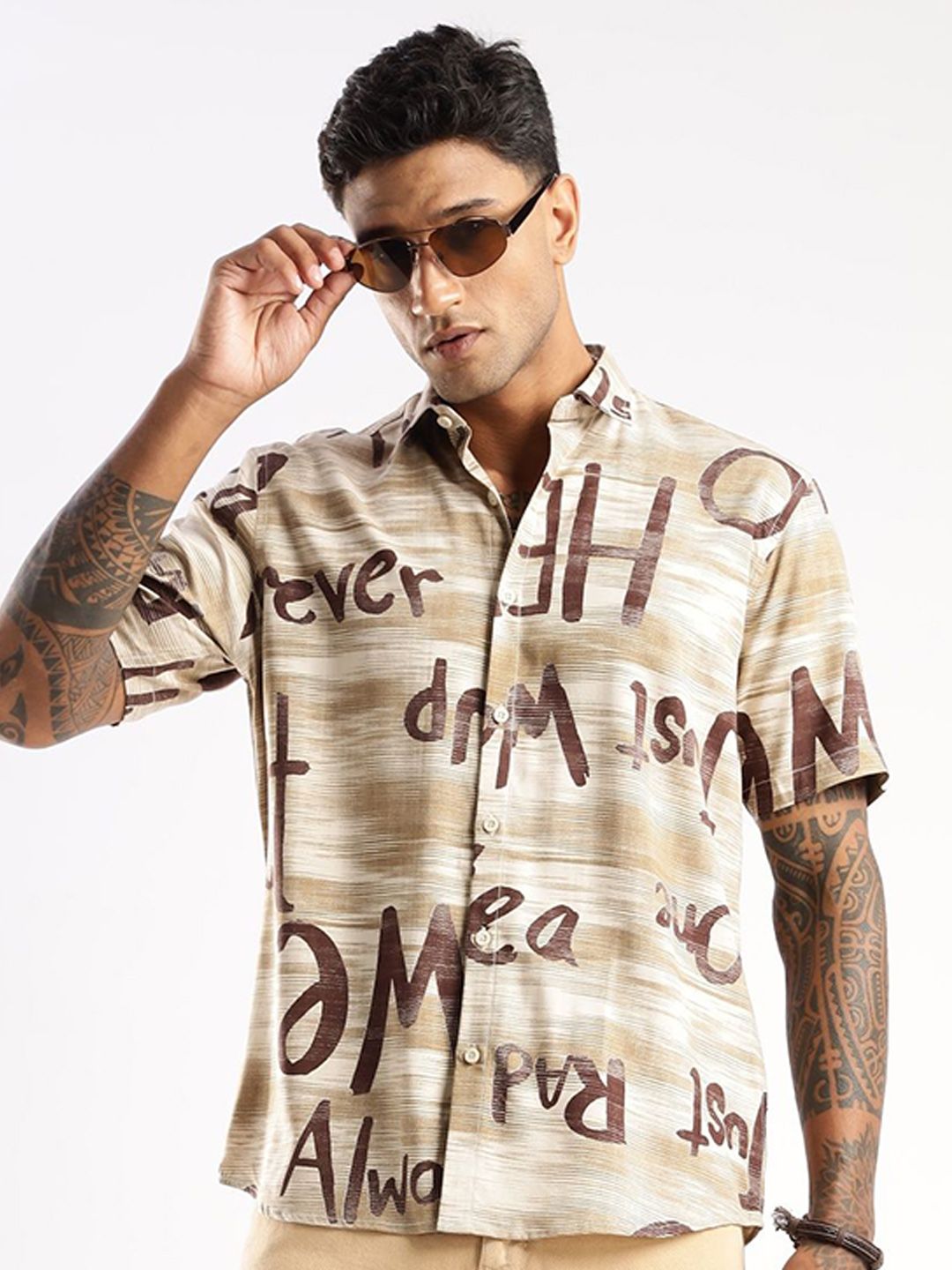 BS BLUE SQUAD Men India Slim Tailored Fit Typography Printed Spread Collar Casual Shirt