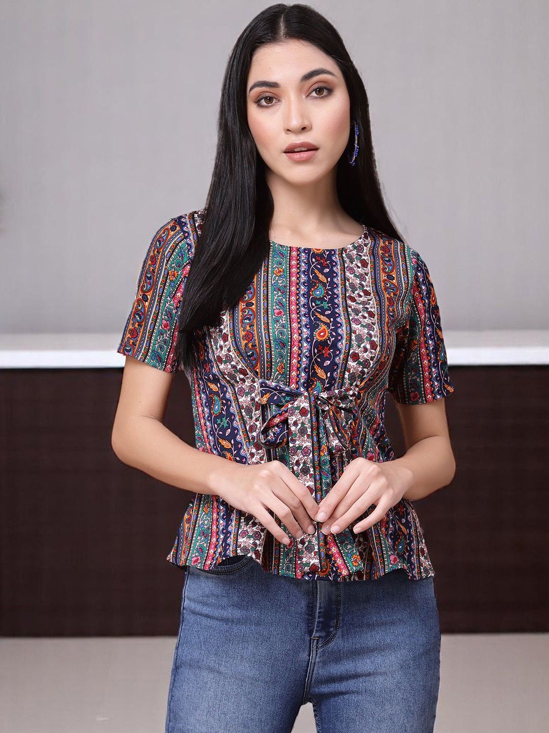 OOMPH! FACTOR Women Ethnic Motifs Print Cinched Waist Top
