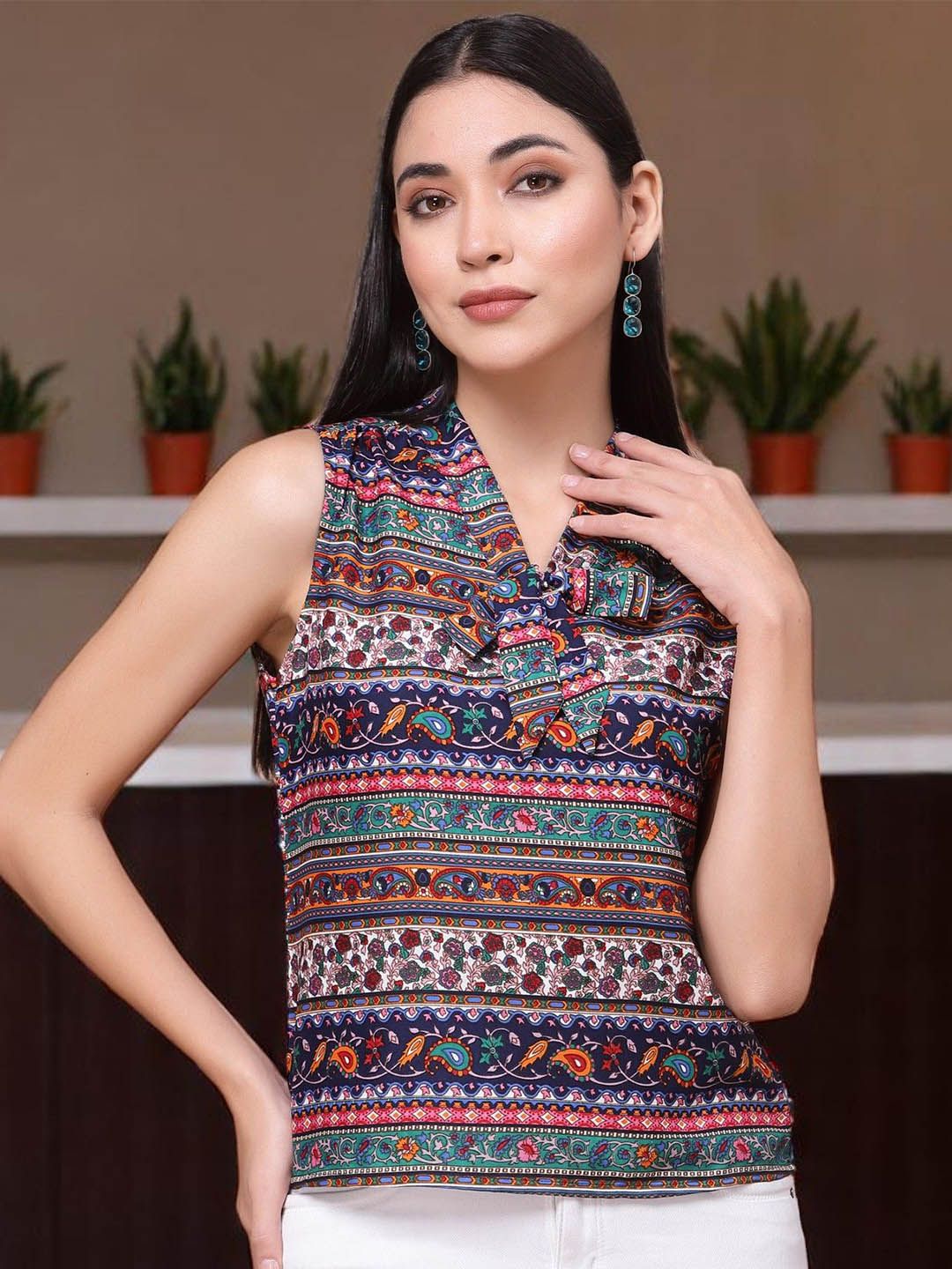 OOMPH! FACTOR Women Ethnic Motifs Printed Sleeveless Tie-Up Neck Top