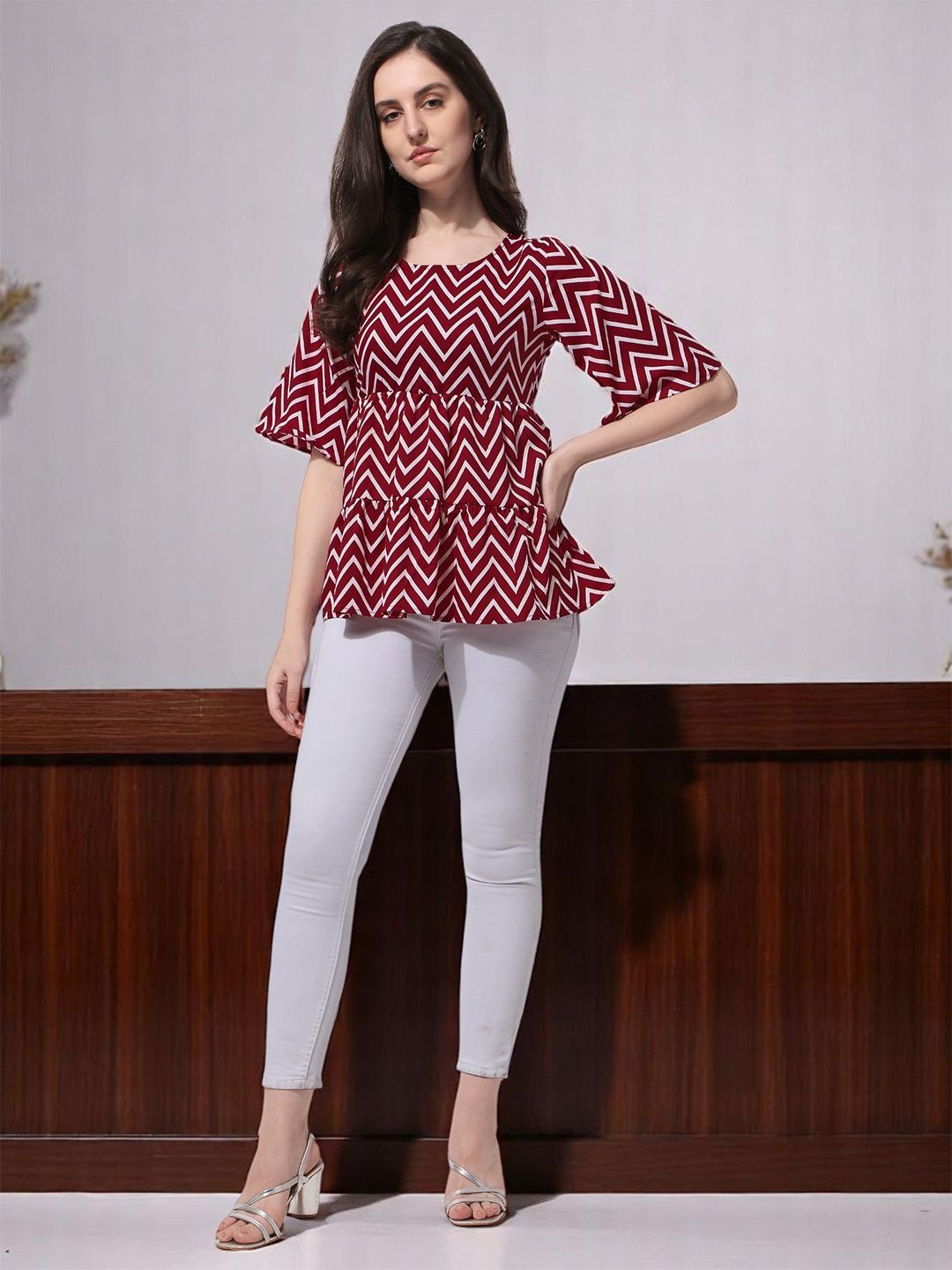 OOMPH! FACTOR Women Geometric Print Crepe Peplum Regular Top