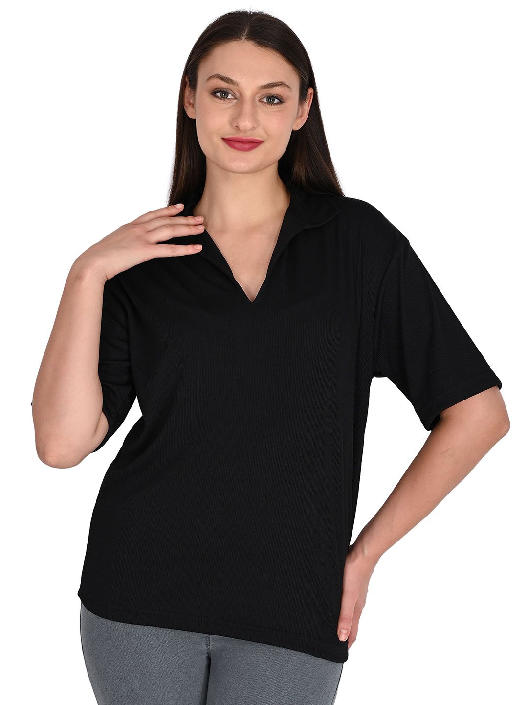 TRAQUILA Women V-Neck Drop-Shoulder Sleeves T-shirt