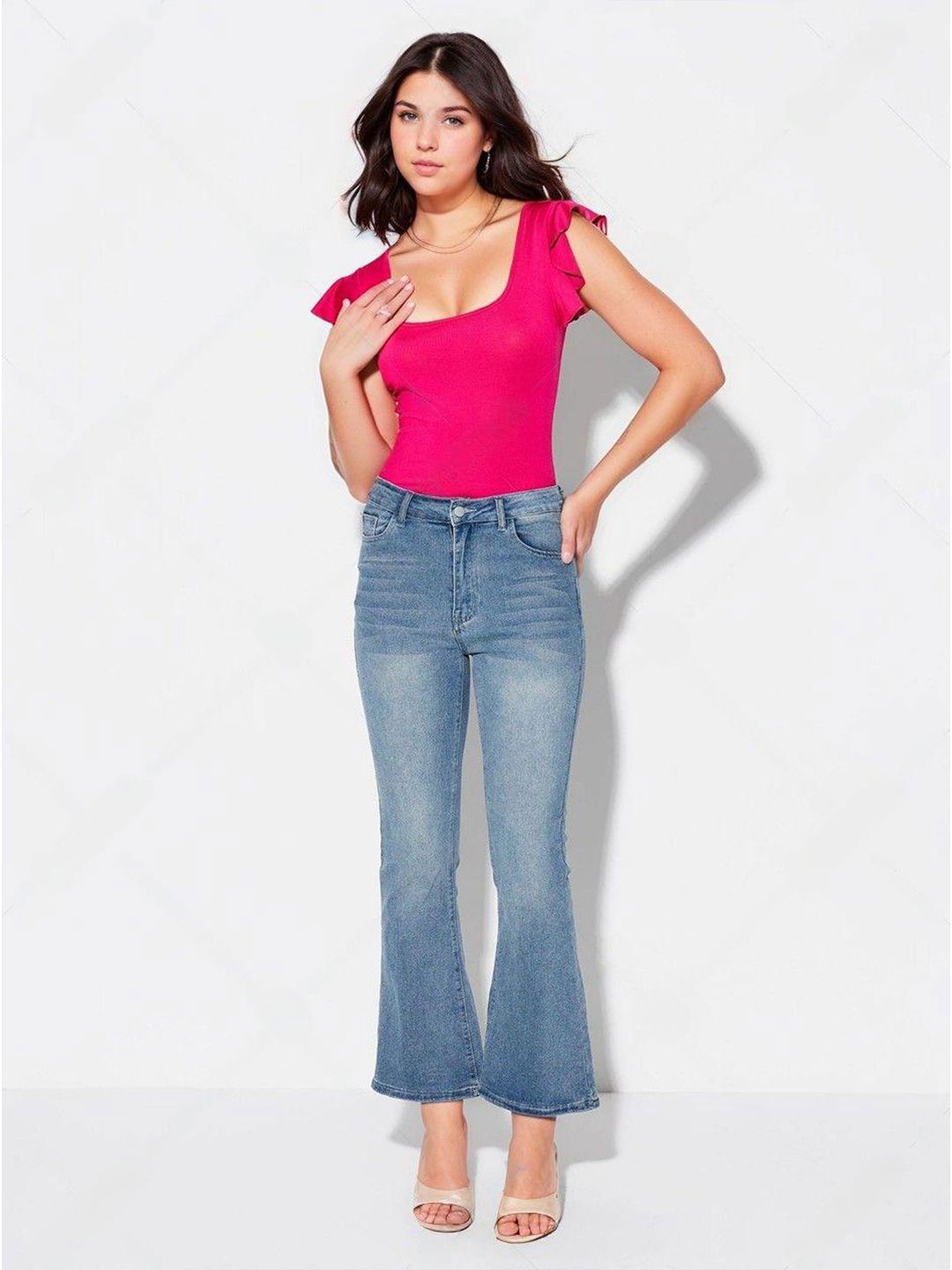 Stylecast X Kotty Women Square Neck Flutter Sleeves Fitted Top