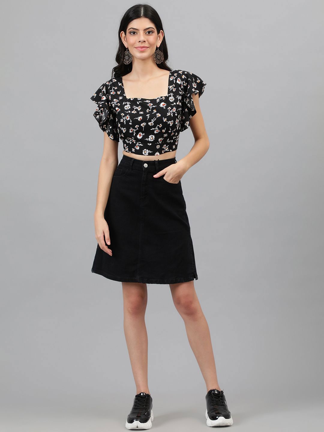 Stylecast X Kotty Women Floral Print Flutter Sleeve Crop Top