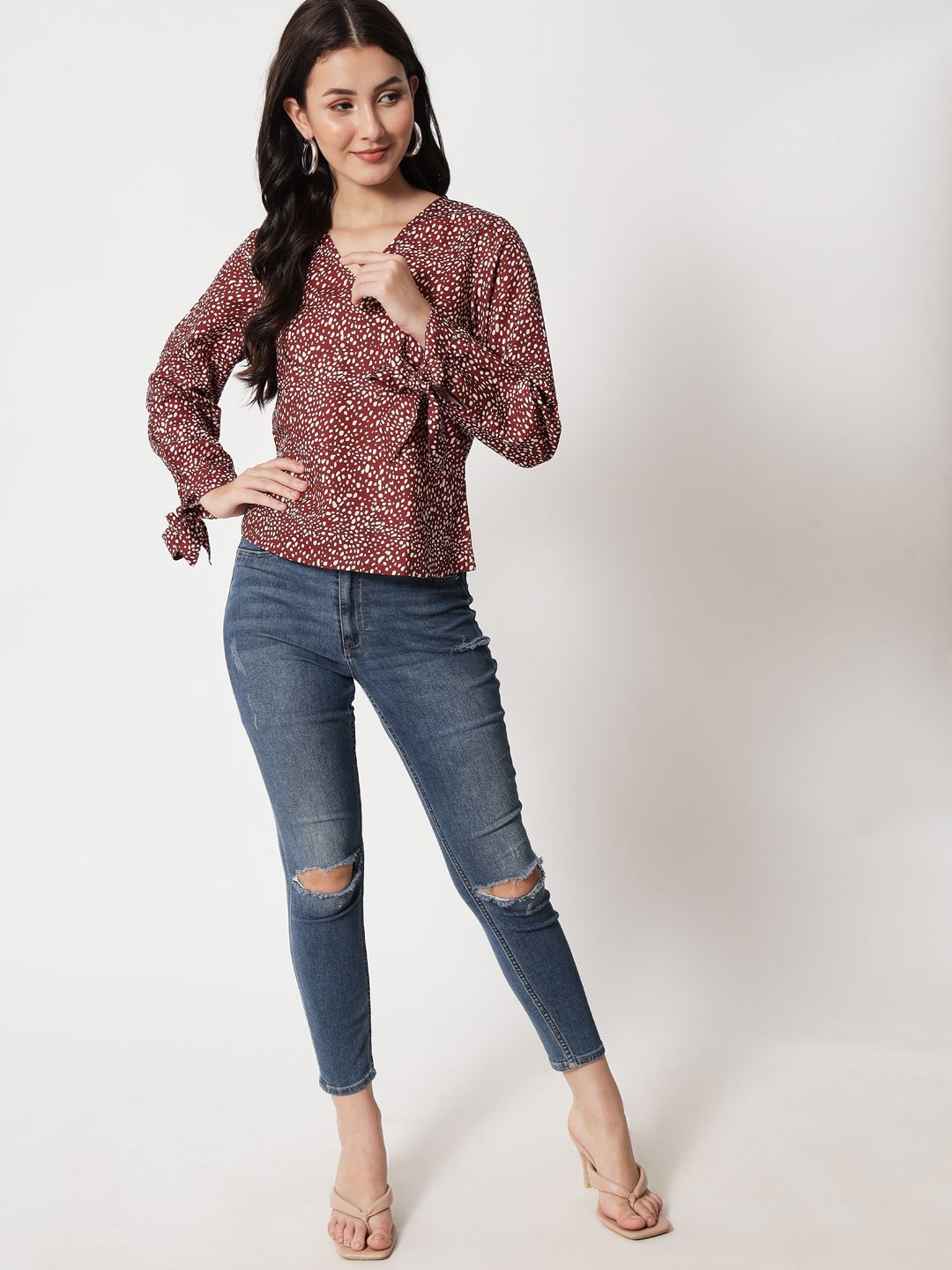 Stylecast X Kotty Polka Dot Print Bishop Sleeves Cotton Top