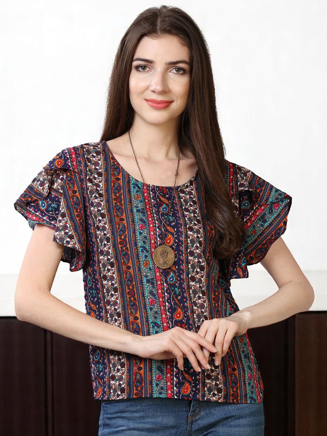 OOMPH! FACTOR Women Ethnic Motifs Printed Round Neck Top
