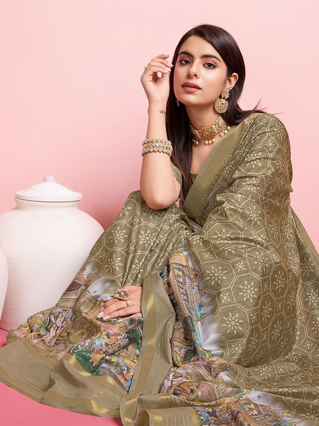TASRIKA Kalamkari Printed Mysore Silk Saree