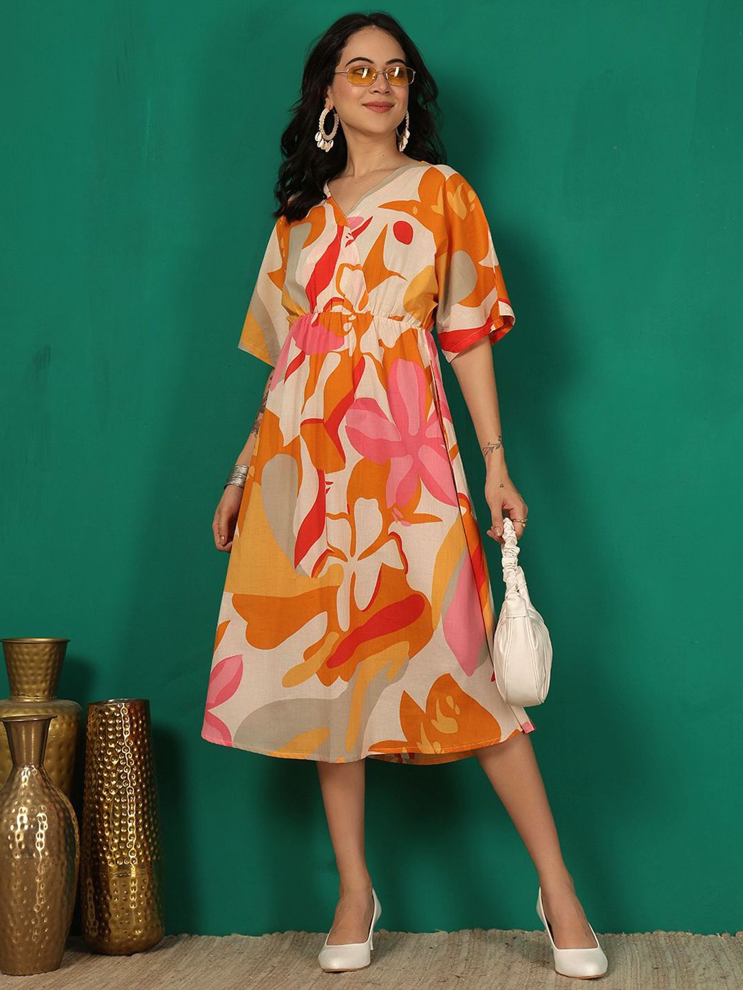 Nayo Women Floral Printed V-Neck Wrap Cotton Midi Dress