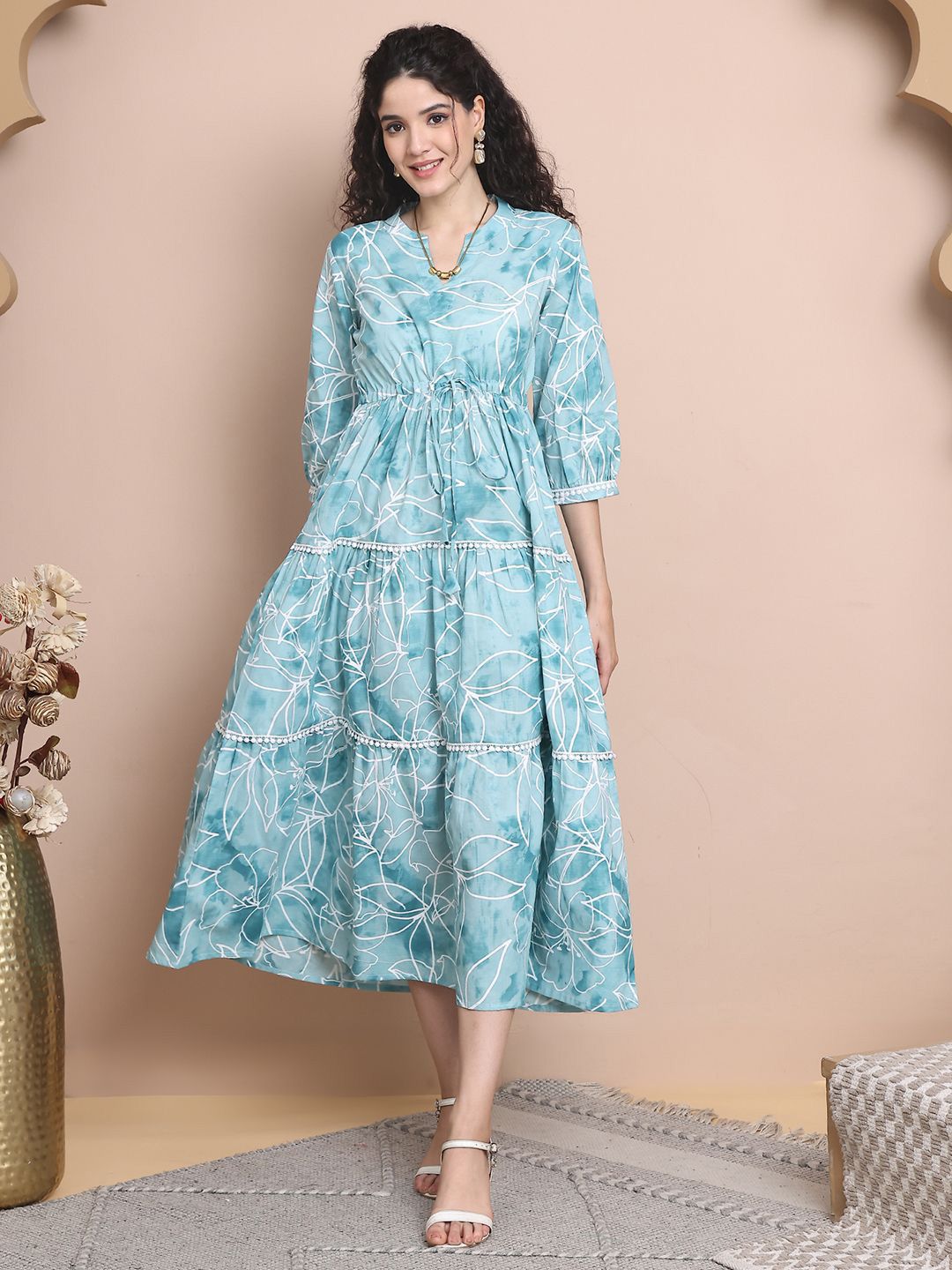 Claura Women Blue Floral Printed Layered Cotton Fit and Flare Midi Dress