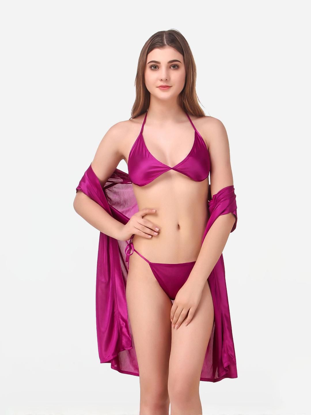 Dreambe Women Satin Solid Robe with Bra & Thong Baby Dolls