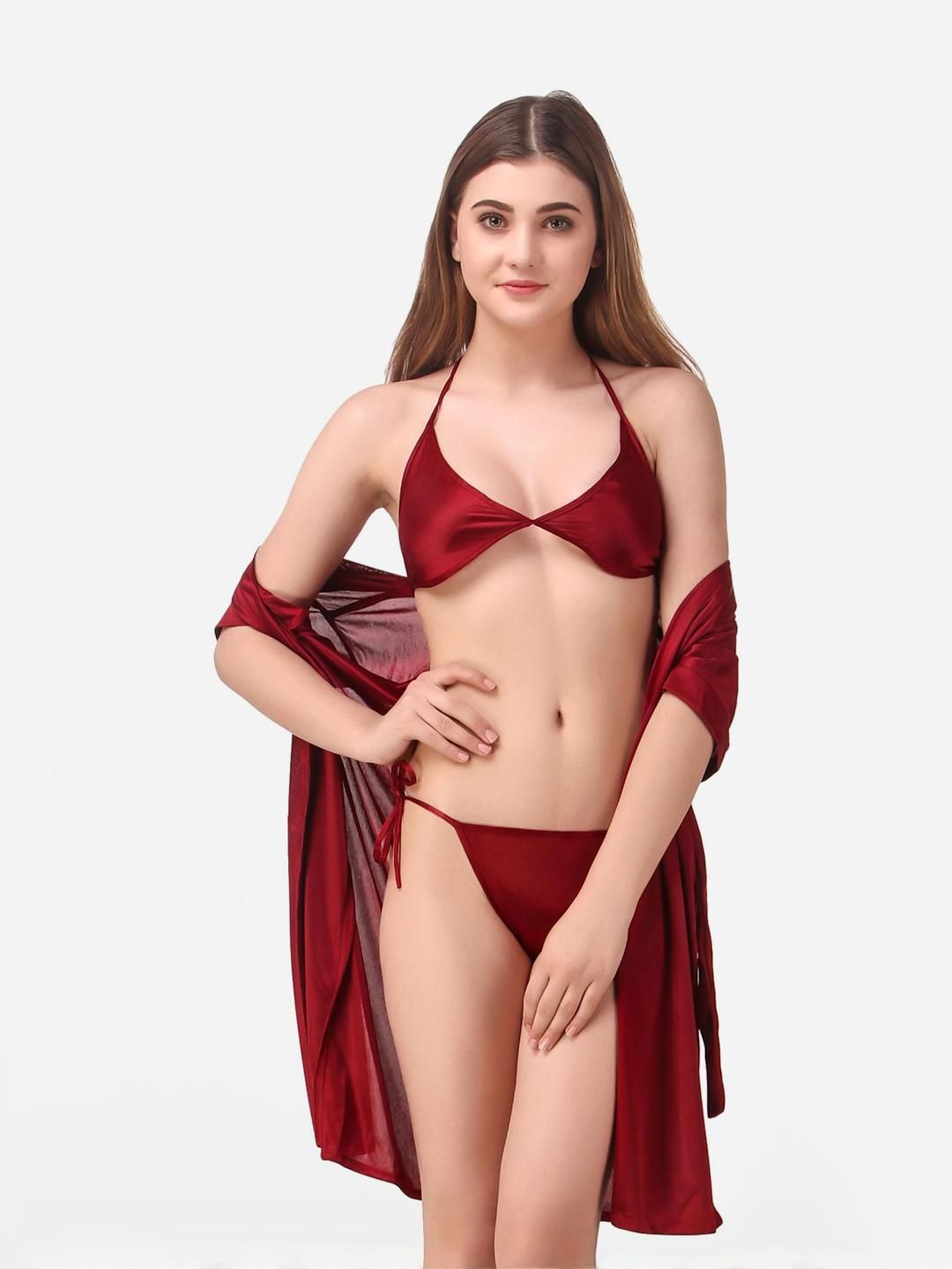 Dreambe Women Solid Robe with Bra & Thong Satin Baby Dolls