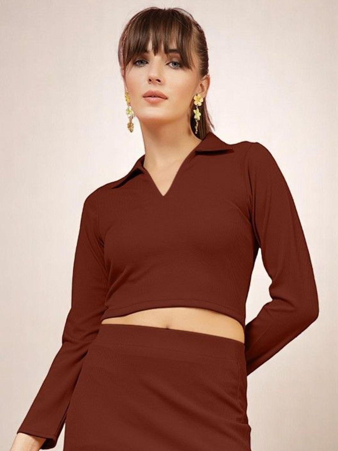 OOMPH! FACTOR Women Ribbed Shirt Collar Fitted Crop Top