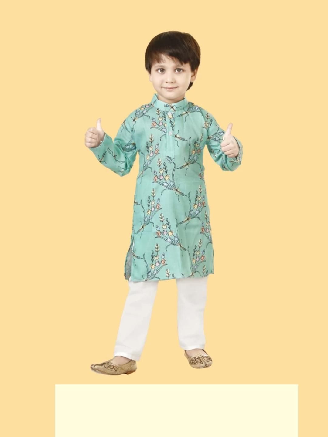 VISHESTA Kids-Boys Green Cotton Blend Kurta Sets
