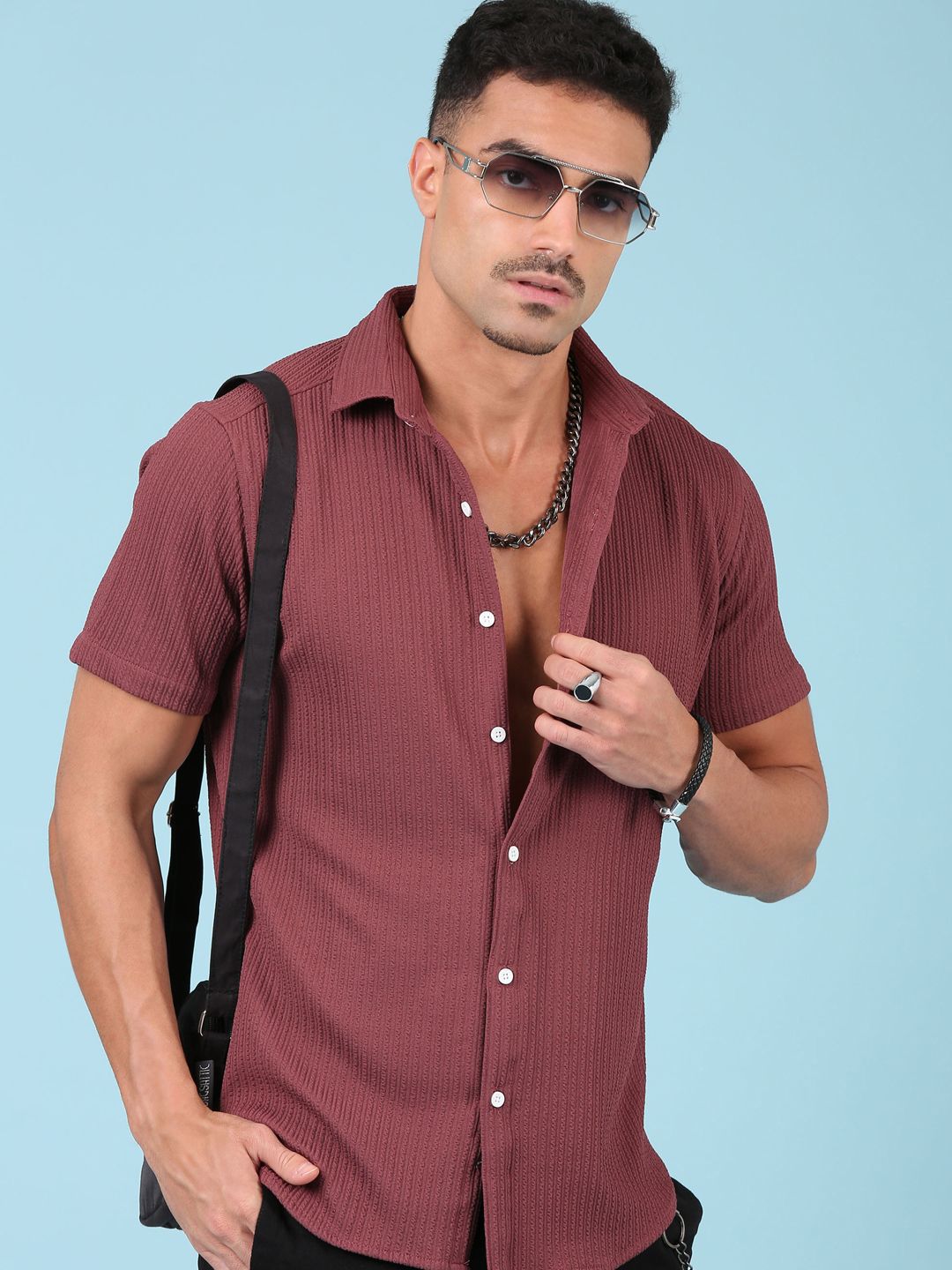 Rust Vertical Striped Cuban Collar Shirt