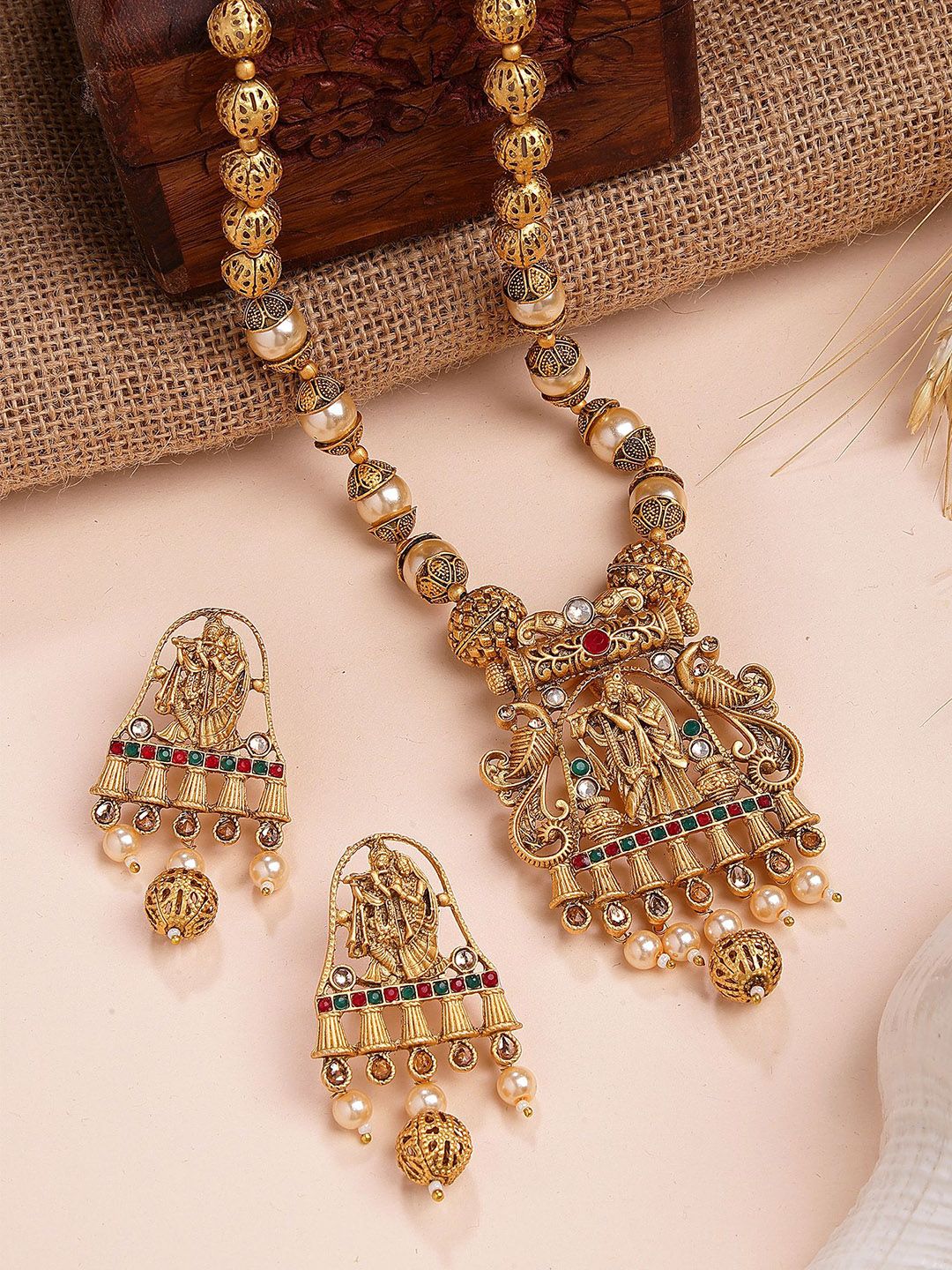 KARATCART Gold-Plated Radha Krishna Rani Haar Necklace Set With Red & Green Stones