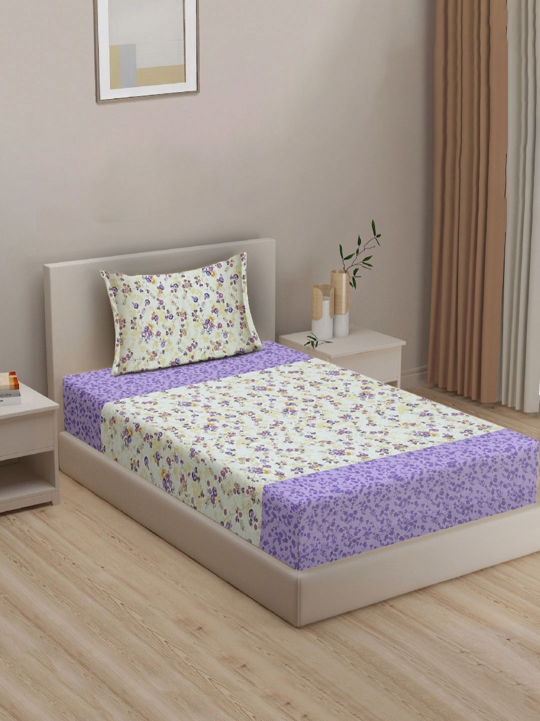 SWAYAM Vedda Purple Floral Cotton 160 TC Single Bedsheet with 2 Pillow Covers-90 x 59 inches