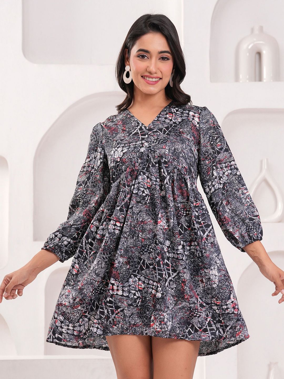 CELEBRAVO Women Abstract Print Puff Sleeve Georgette Above Knee A-Line Dress