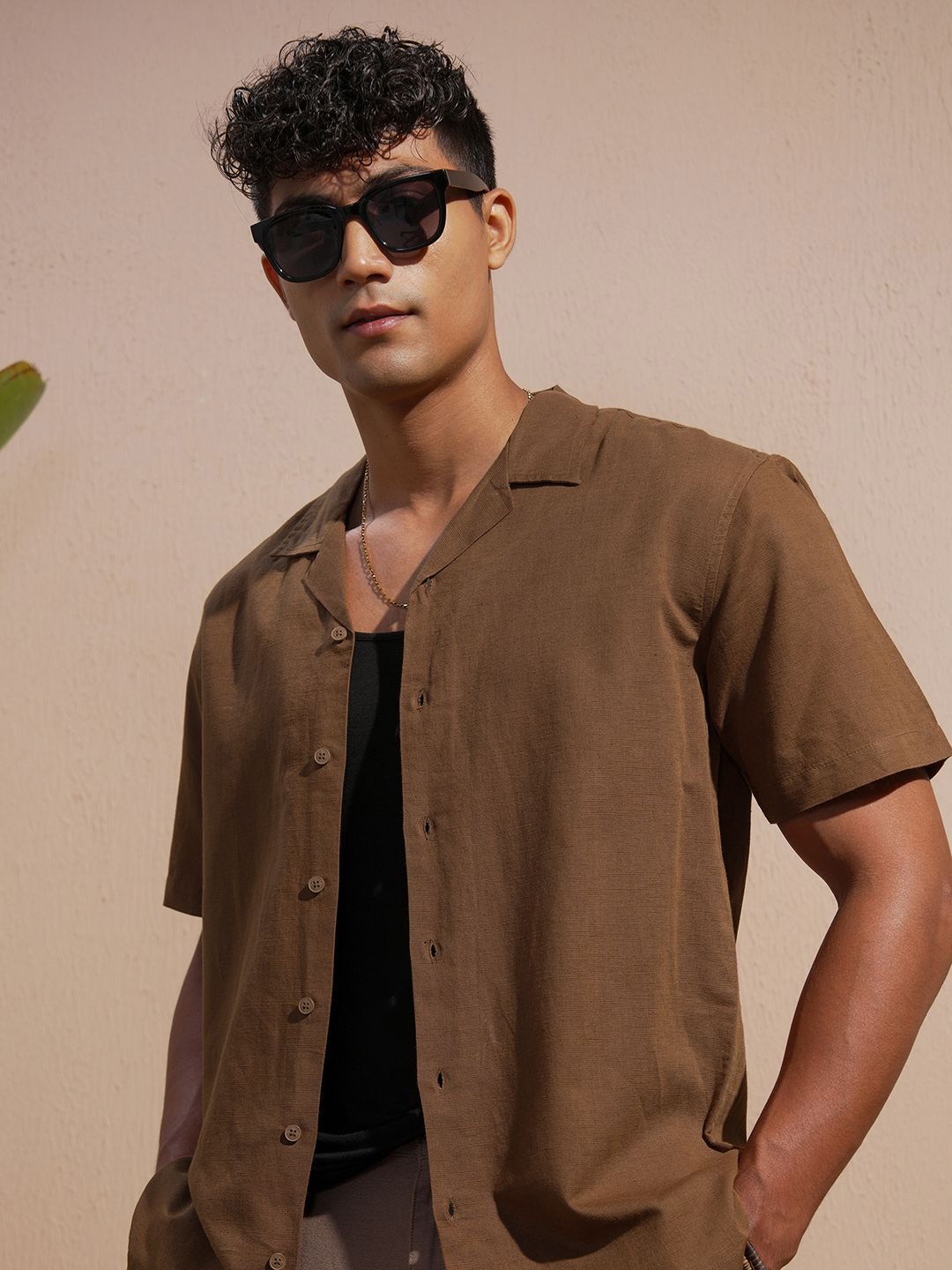 HIGHLANDER Self Design Spread Collar Half Sleeves Cotton Linen Relaxed Fit Shirt