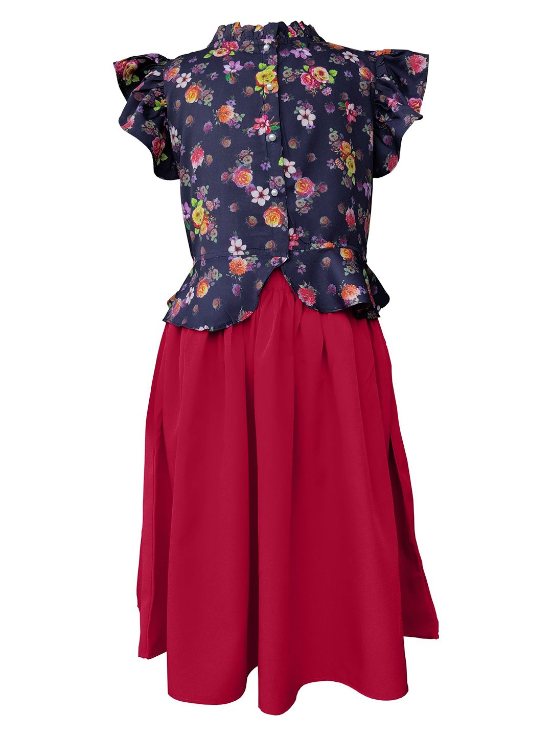 SILK SPARROW Girls Floral Printed Band Collar Top With Skirt