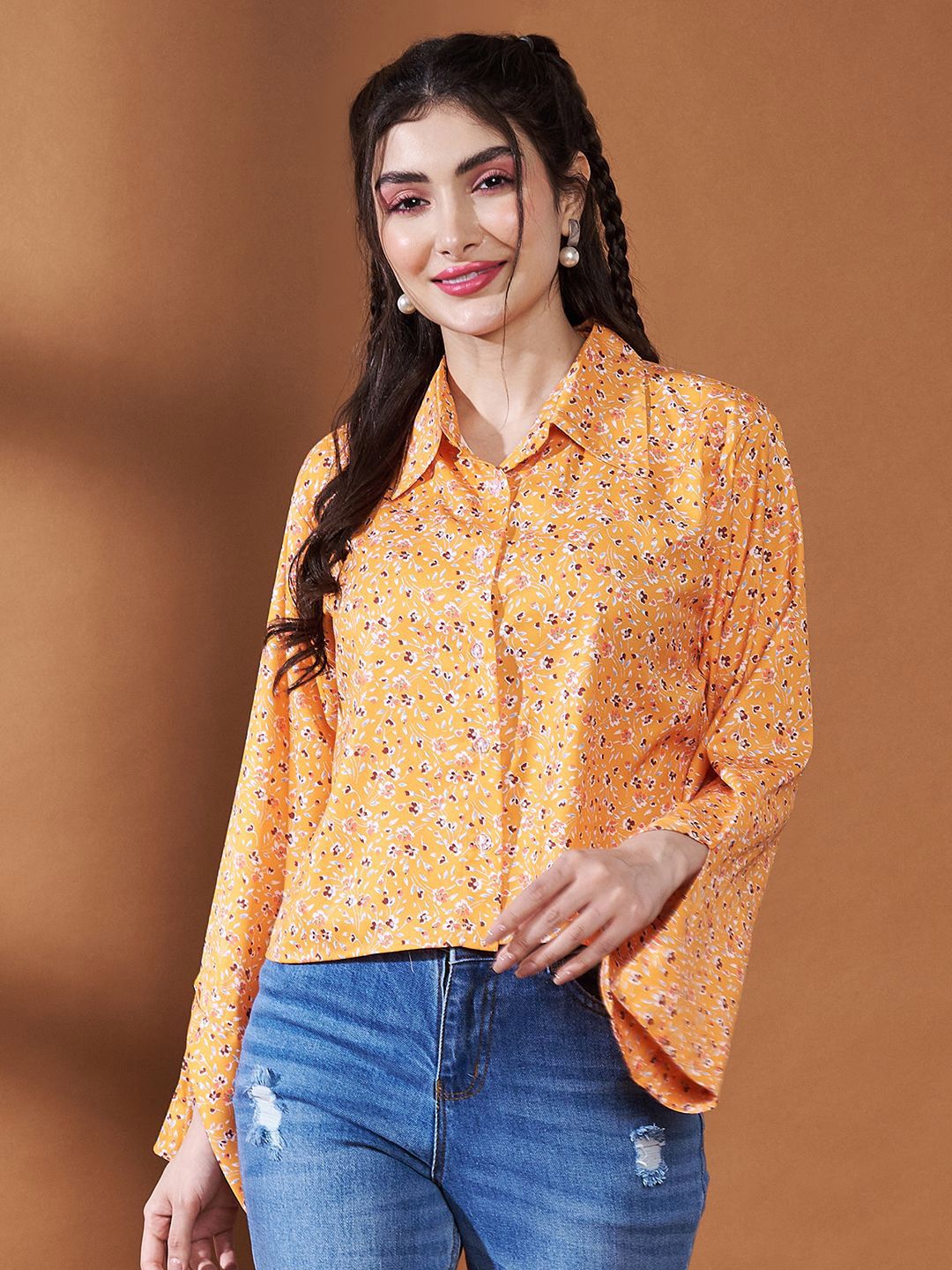Purple Feather Floral Printed Spread Collar Long Sleeves Casual Shirt