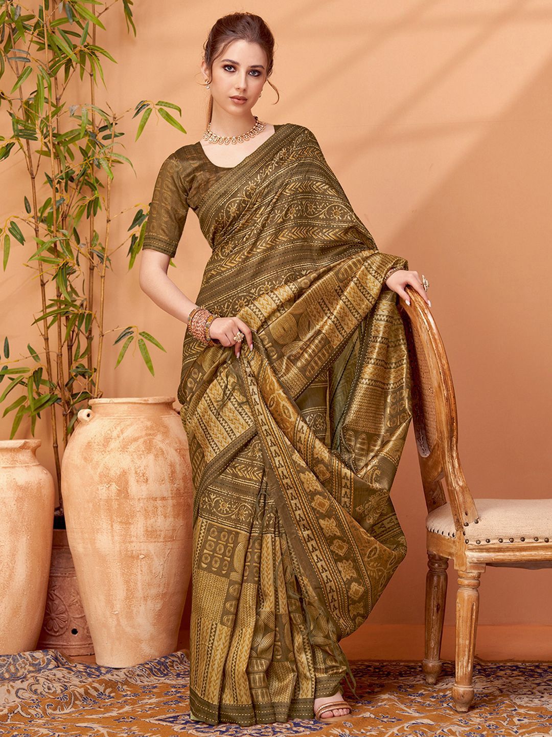 Sangria Women Ethnic Printed Party Wear Saree With Matching Blouse