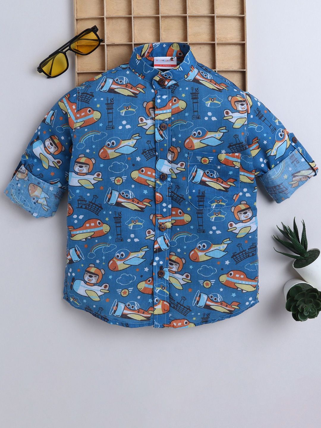 BAATCHEET Boys Graphic Printed Mandarin Collar Comfort Cotton Shirt