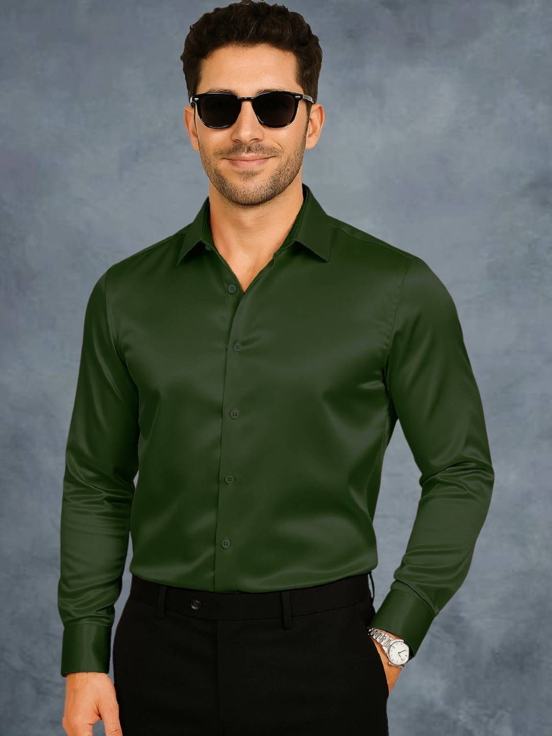 SOLSTICE Men Spread Collar Comfort Regular Fit Solid Satin Party Shirt