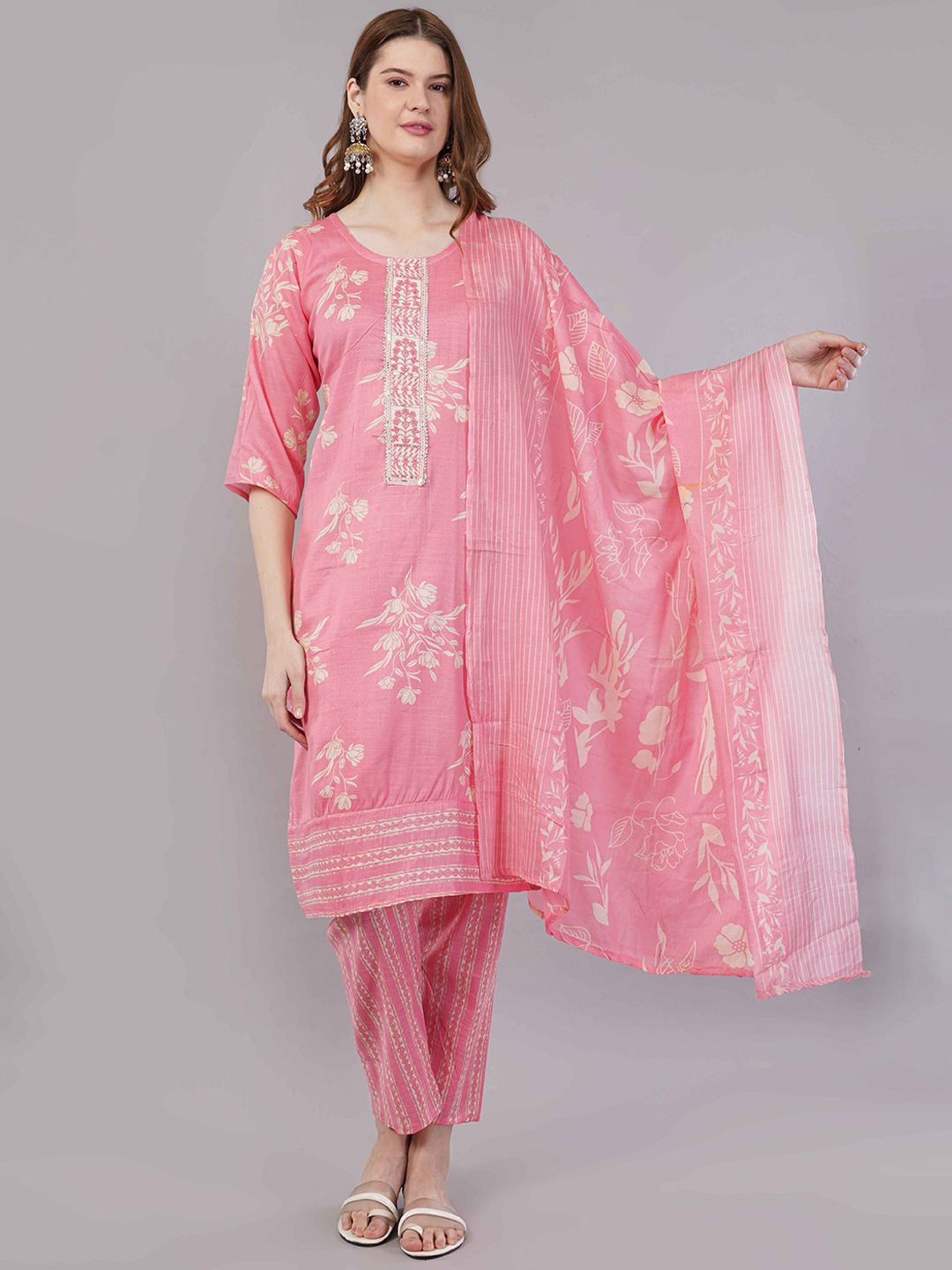 JIDI FASHION Women Floral Printed Regular with Trousers & With Dupatta