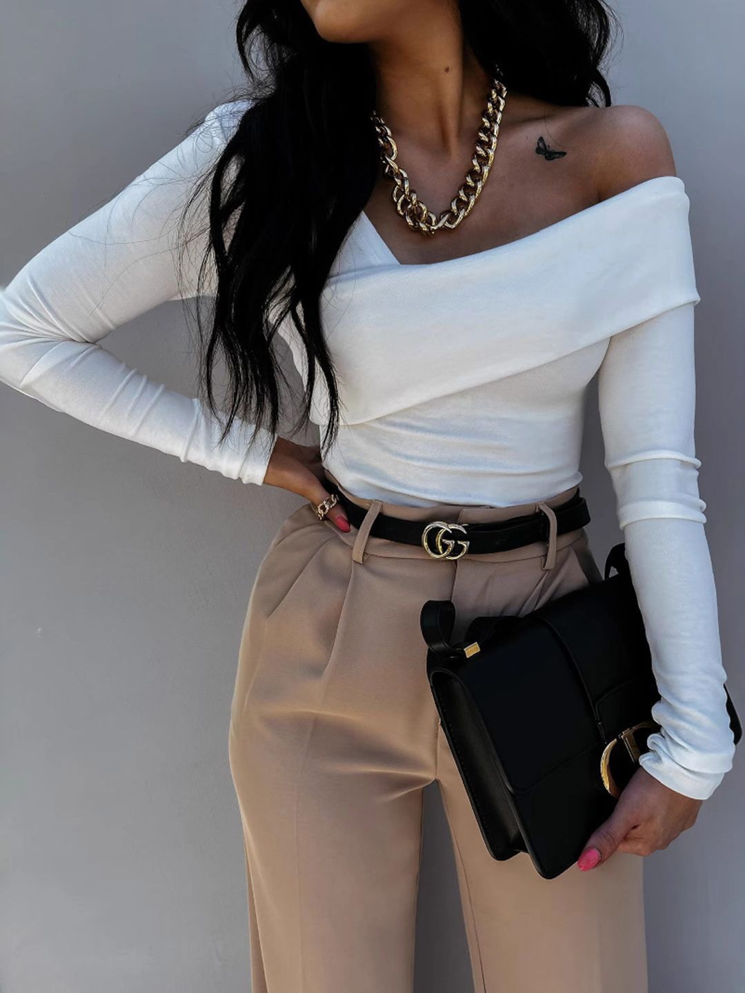 bebe White Overlap Off Shoulder Long Sleeve Top