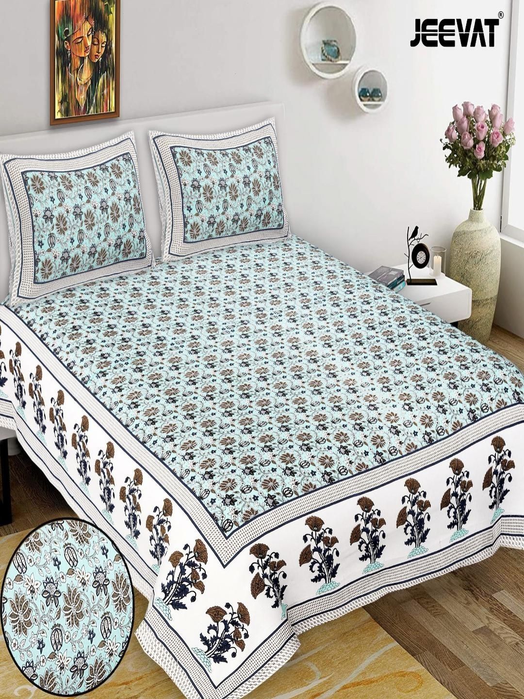 JEEVAT Summer Collection Green Graphic Cotton Breathable 210 TC King Fine Bedsheet with 2 Pillow Covers-85 x 104 inches