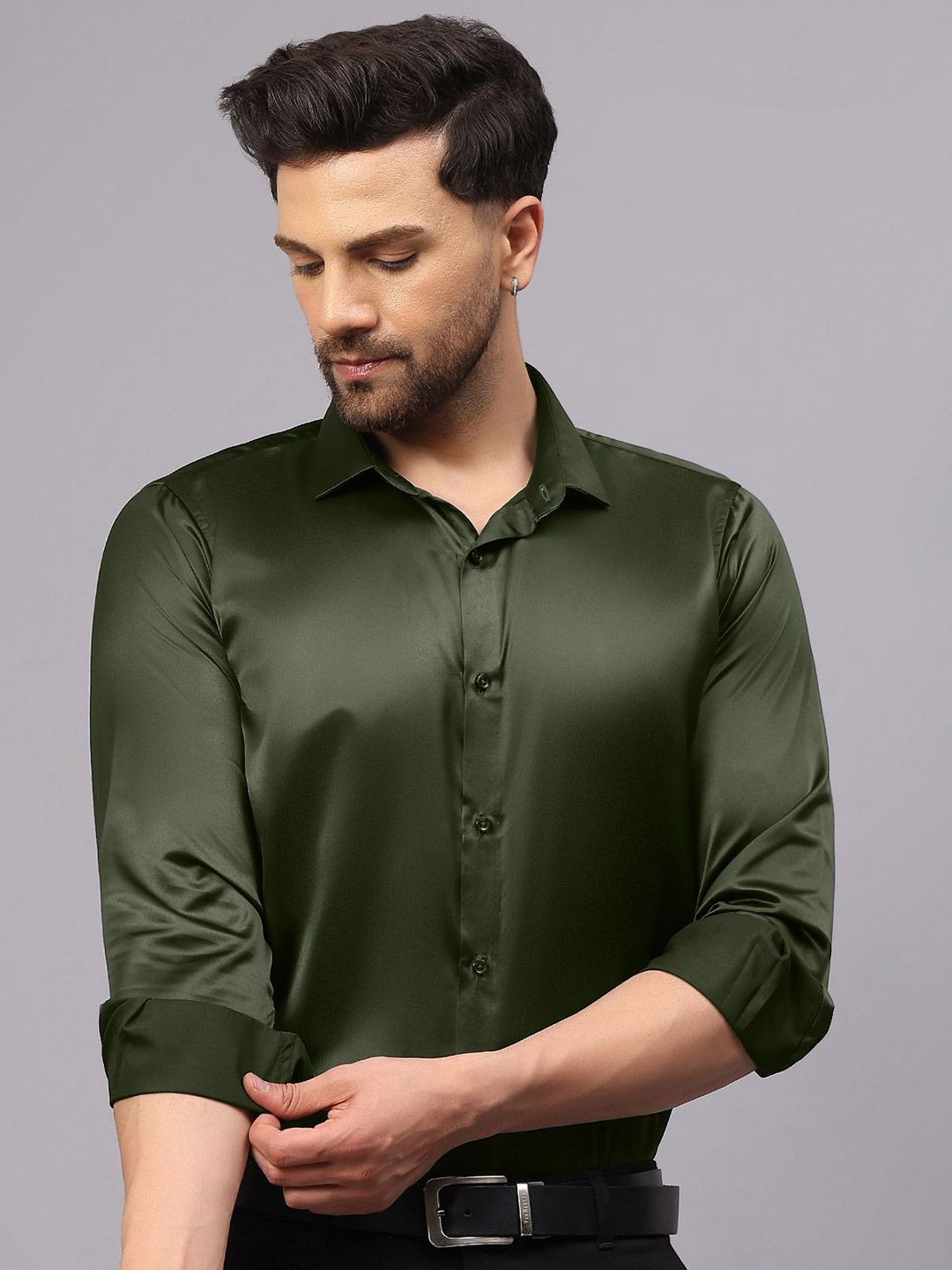 CVC Men Regular Fit Poly Satin Silk Olive Green Shirt