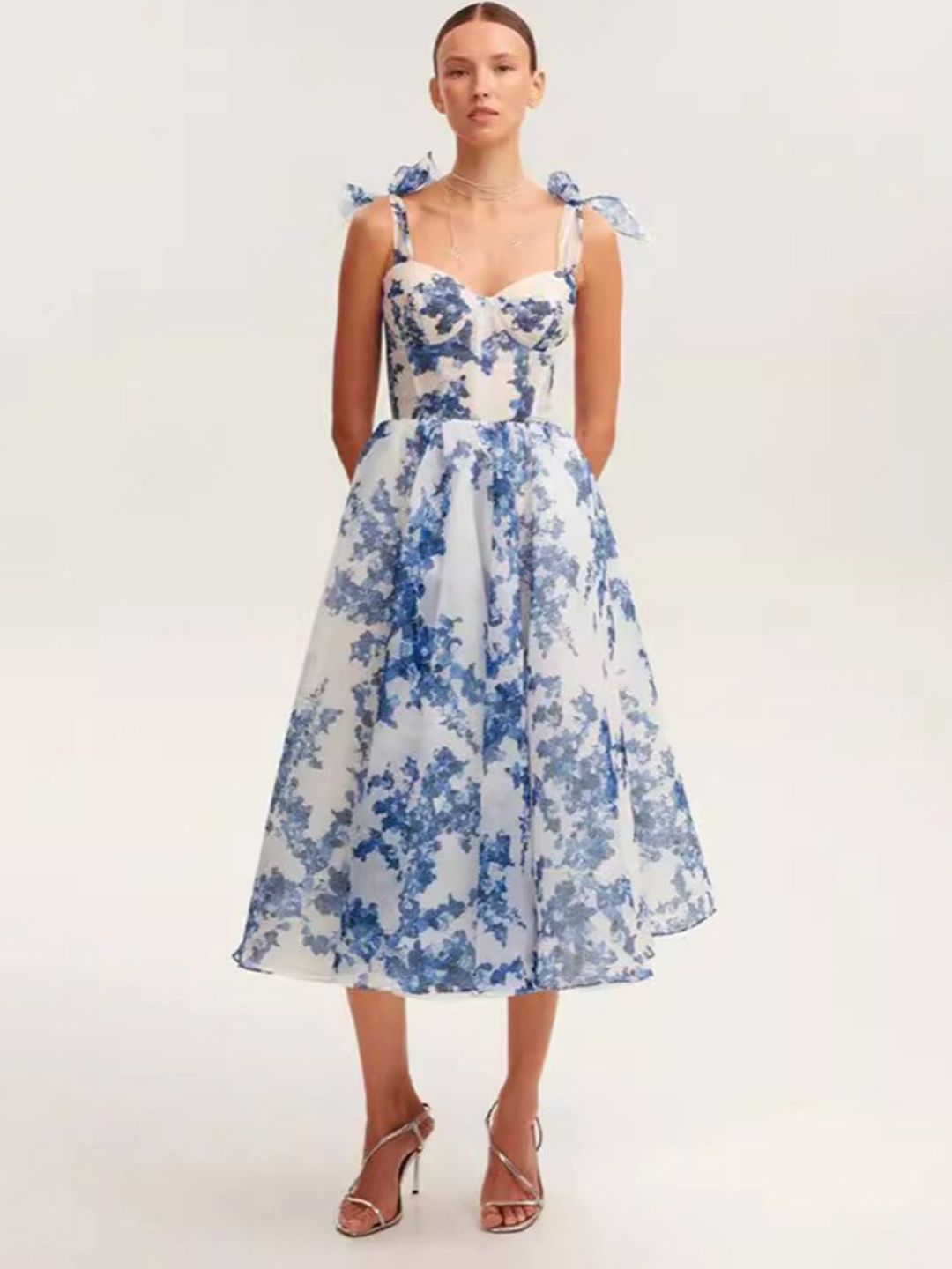 bebe Women Abstract Printed Tie-Ups Corset Style Fit & Flare Dress