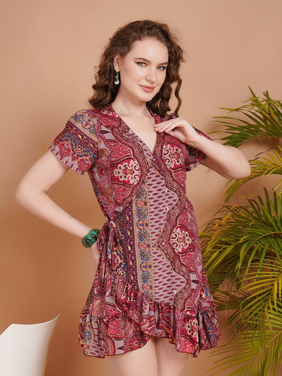 Boholyfe Women Print Ethnic Motifs Amira Rosewood Mini Angrakha Dress