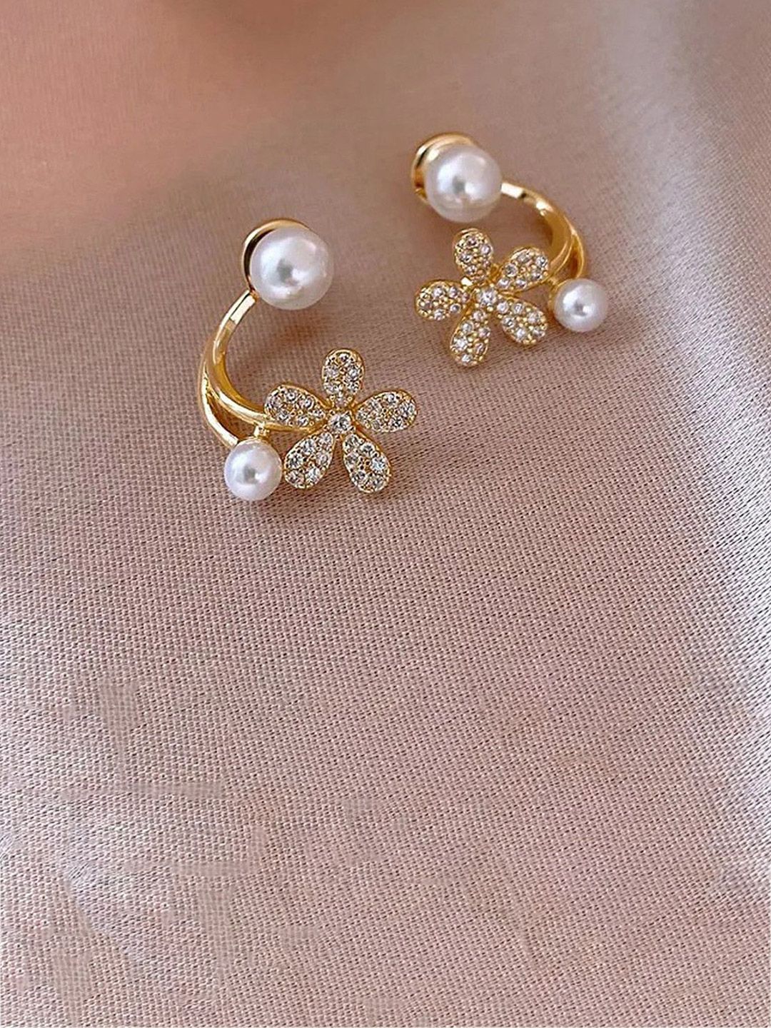 kazare Rhodium-Plated has artificial stones and beads Floral Half Hoop Earrings