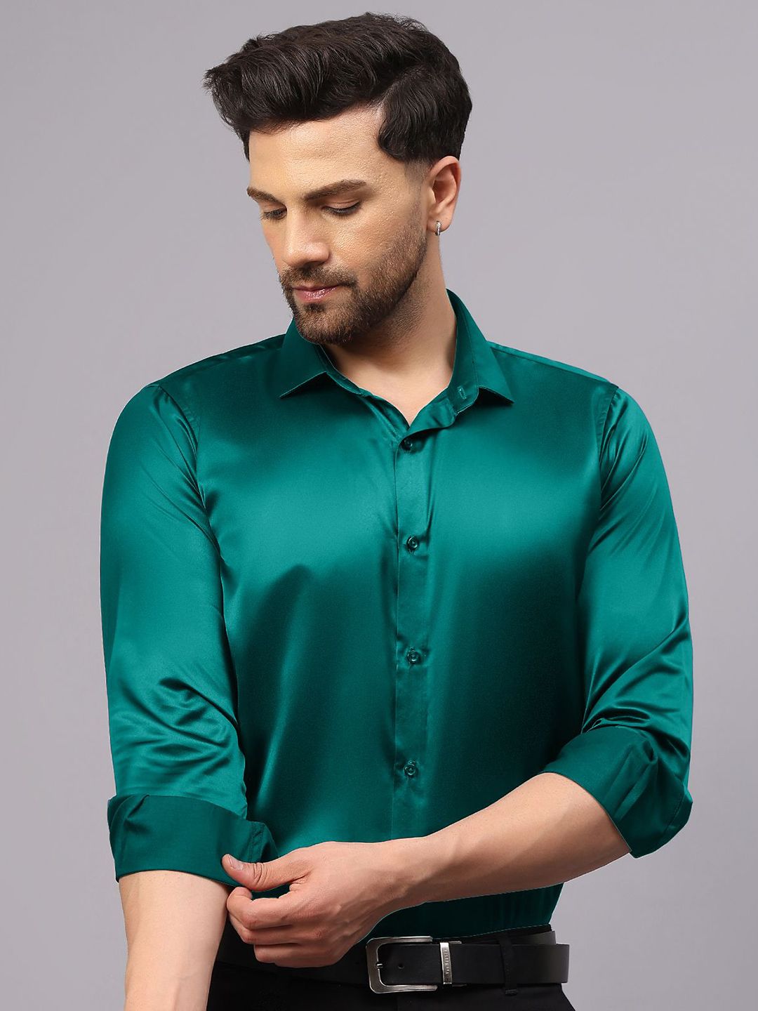 CVC Men Regular Fit Poly Satin Silk Cyan Shirt