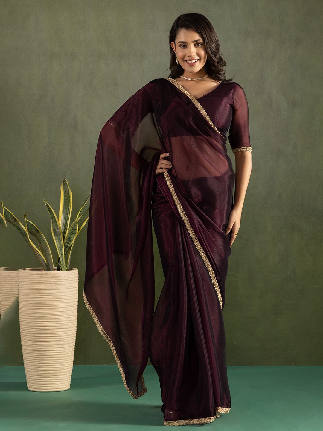 KAYOMMI Sequinned Pure Chiffon Ready to Wear Saree