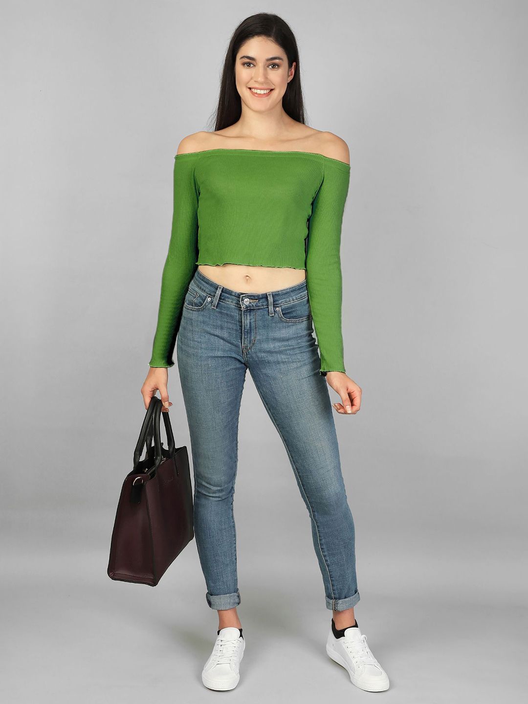 Label nyc apparel Women Ribbed Off-Shoulder Bardot Crop Top
