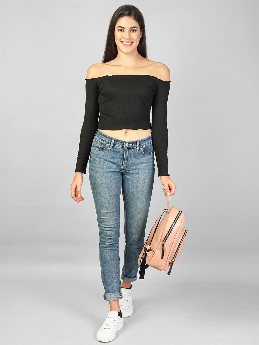 Label nyc apparel Women Ribbed Off-Shoulder Bardot Crop Top