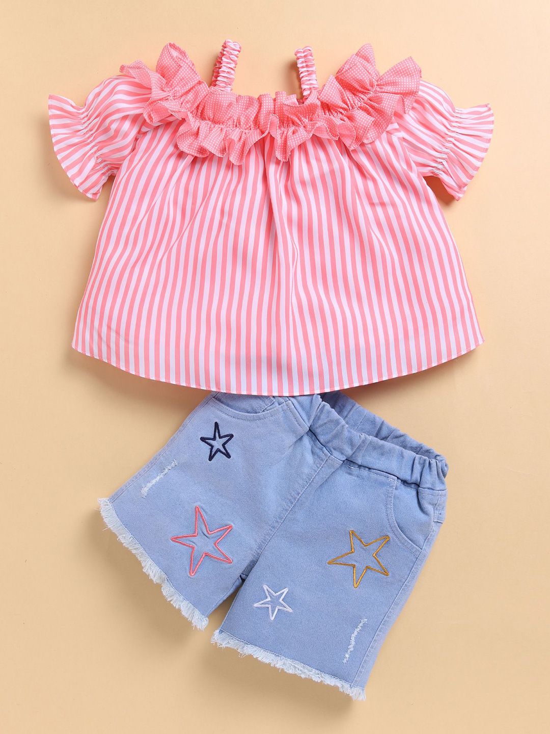 Girls Printed Striped Shoulder Straps Top with Shorts Clothing Set 2