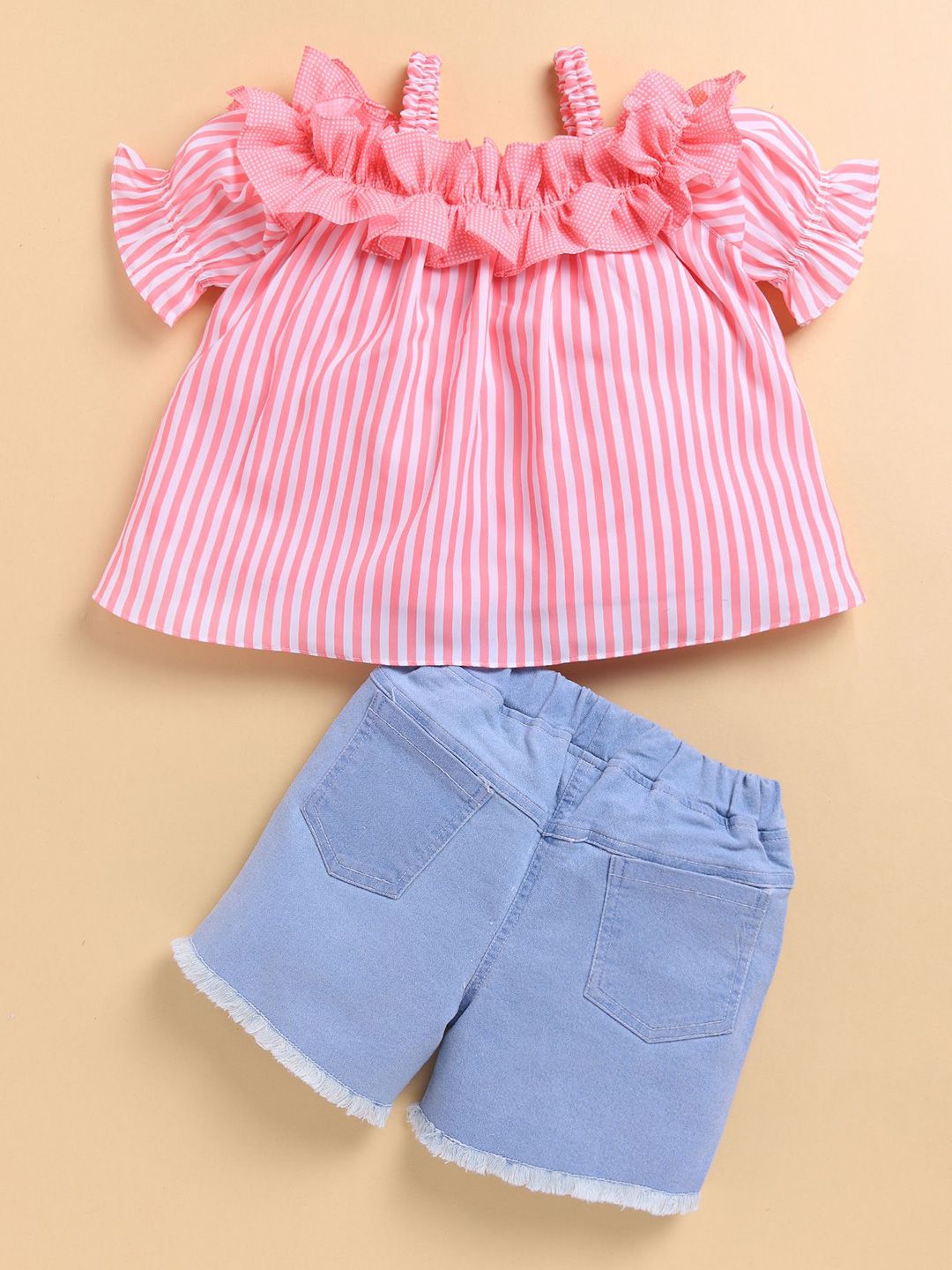 Girls Printed Striped Shoulder Straps Top with Shorts Clothing Set 3