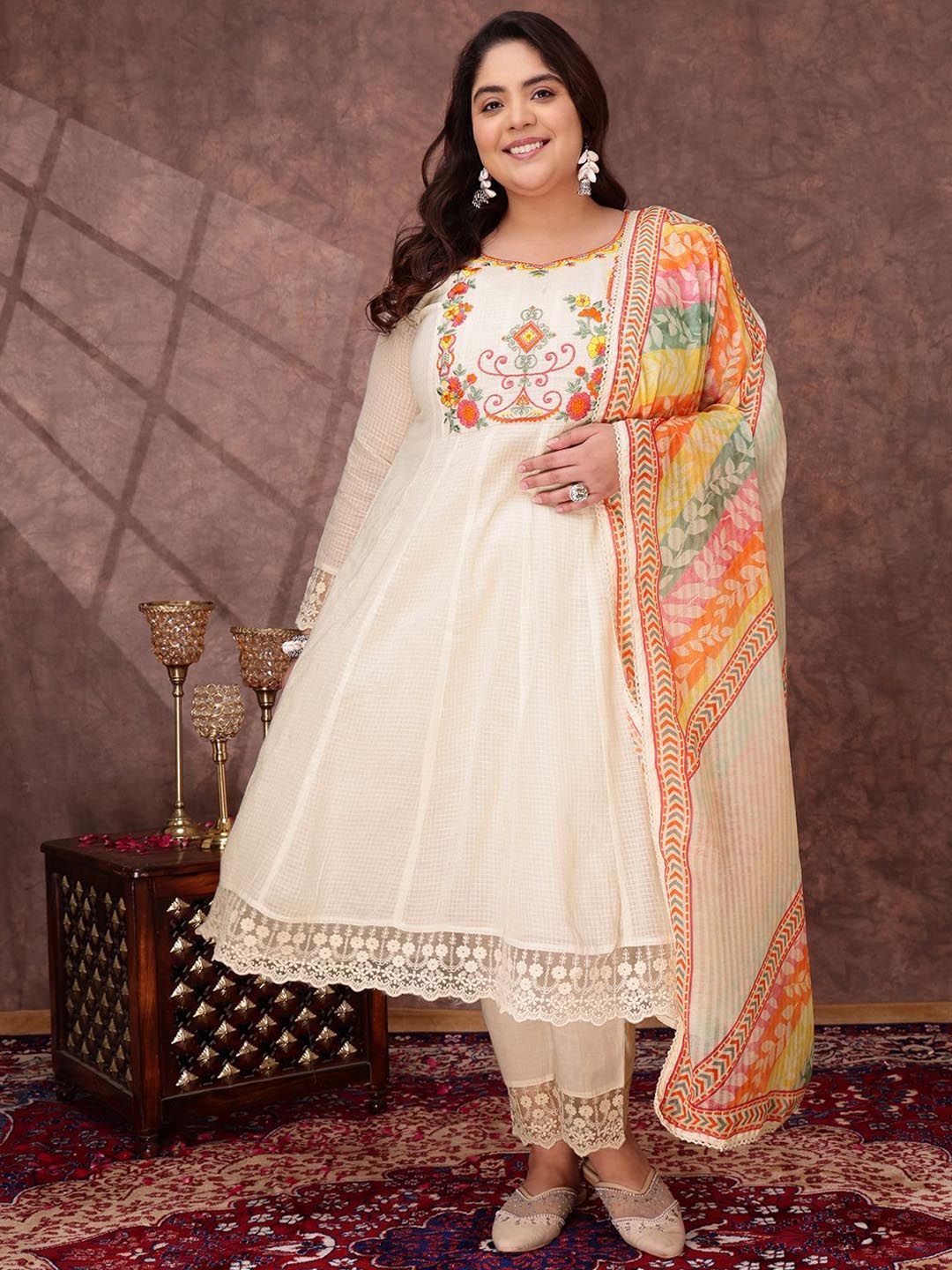 INDDUS PLUS Women Floral Embroidered Thread Work Anarkali Kurta with Trousers & Dupatta