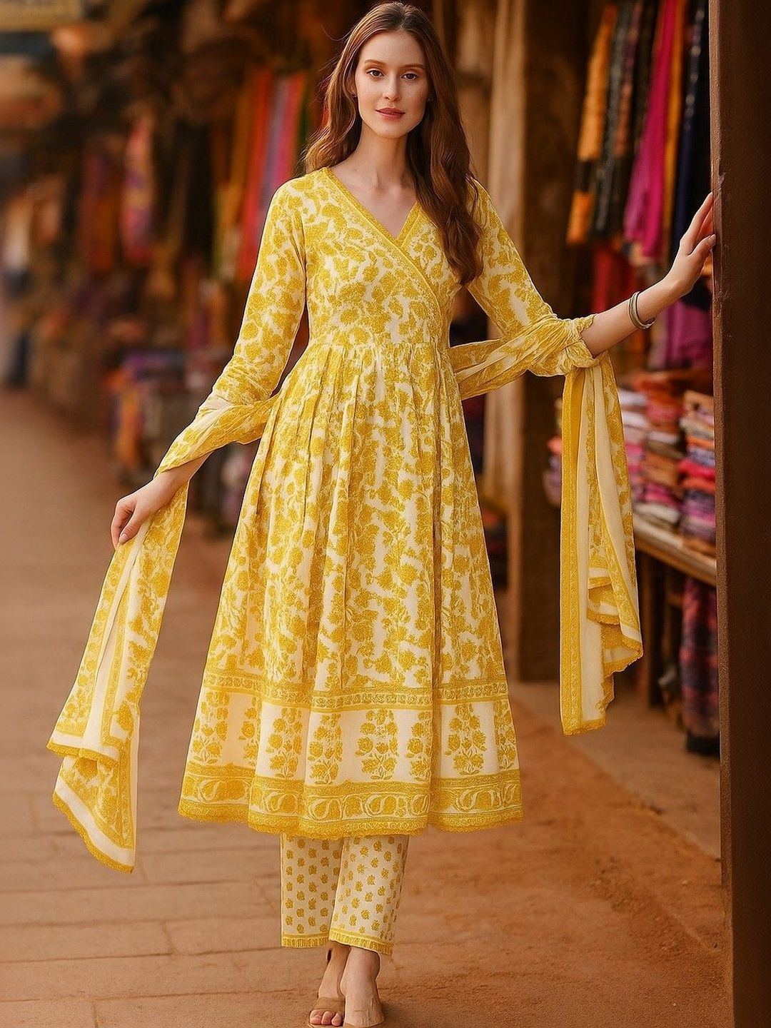 JANOI Women Floral Printed Angrakha Kurta with Trousers & With Dupatta