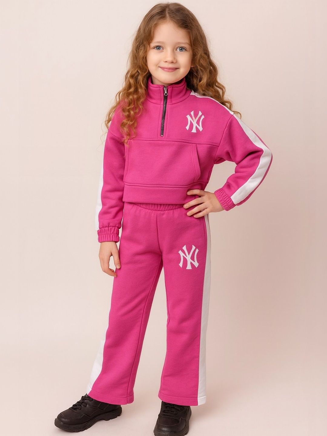 YK Girls Full Sleeves Hot Pink & White NY Printed Half-Zip Top With Side Slit Pant Set